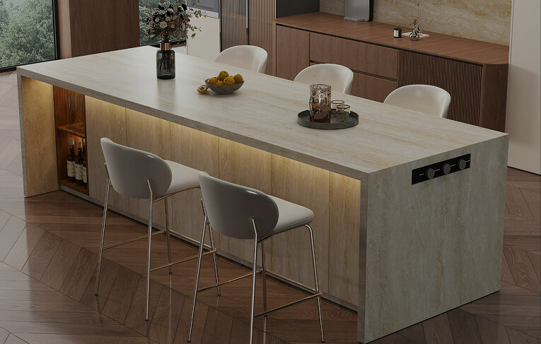 Modern kitchen island with Gold Select Oak herringbone flooring and sleek stone finishes.