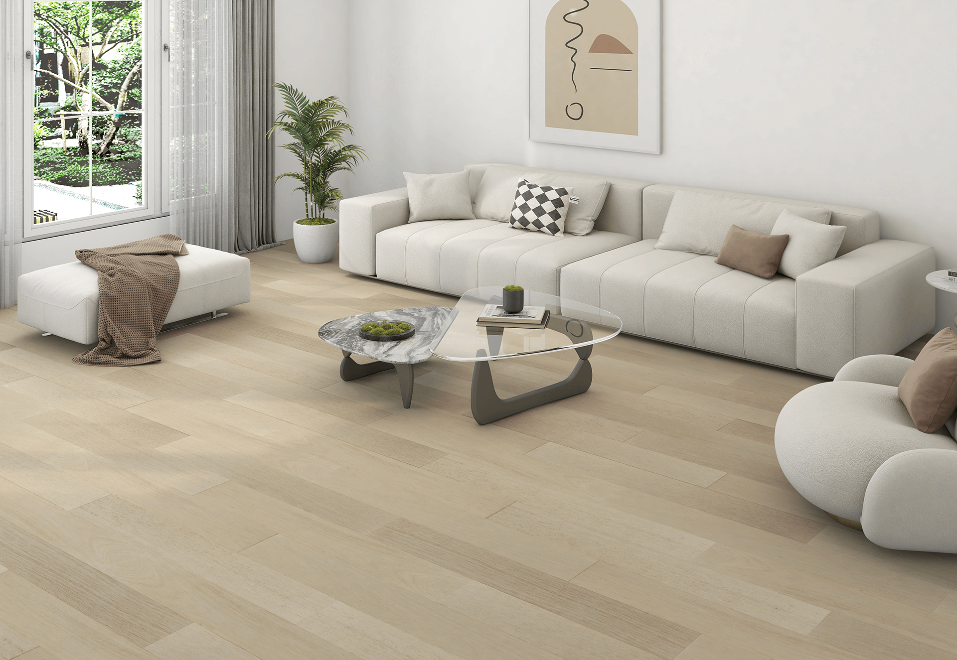 Bright room with Gold Select Oak flooring, large windows, and minimalist furnishings.